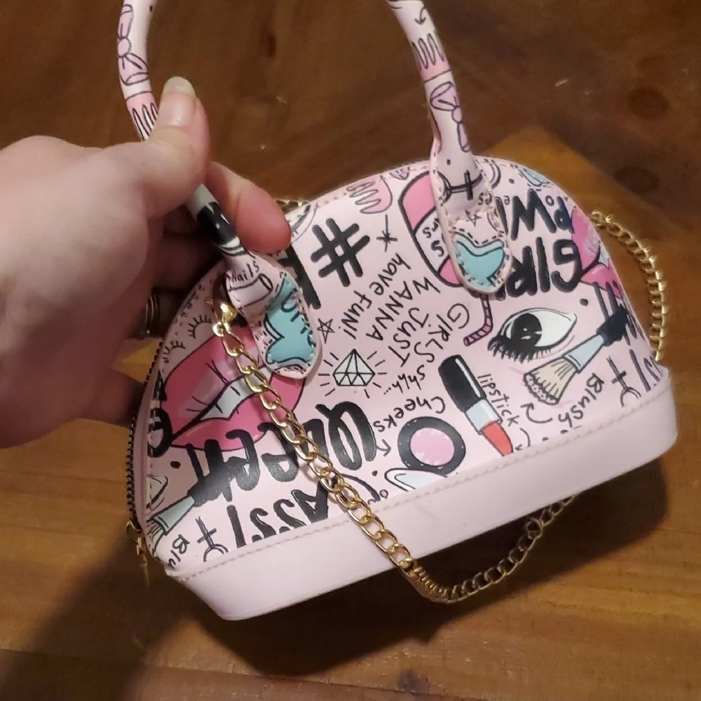 Playful Pink Graphic Kids Bag with Gold Chain